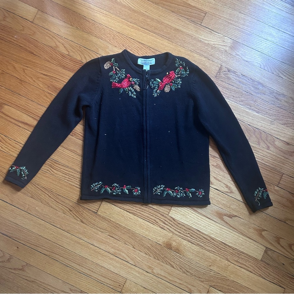 VTG Tiara International Christmas Collection Beaded Cardinals Zip Up Cardigan: L